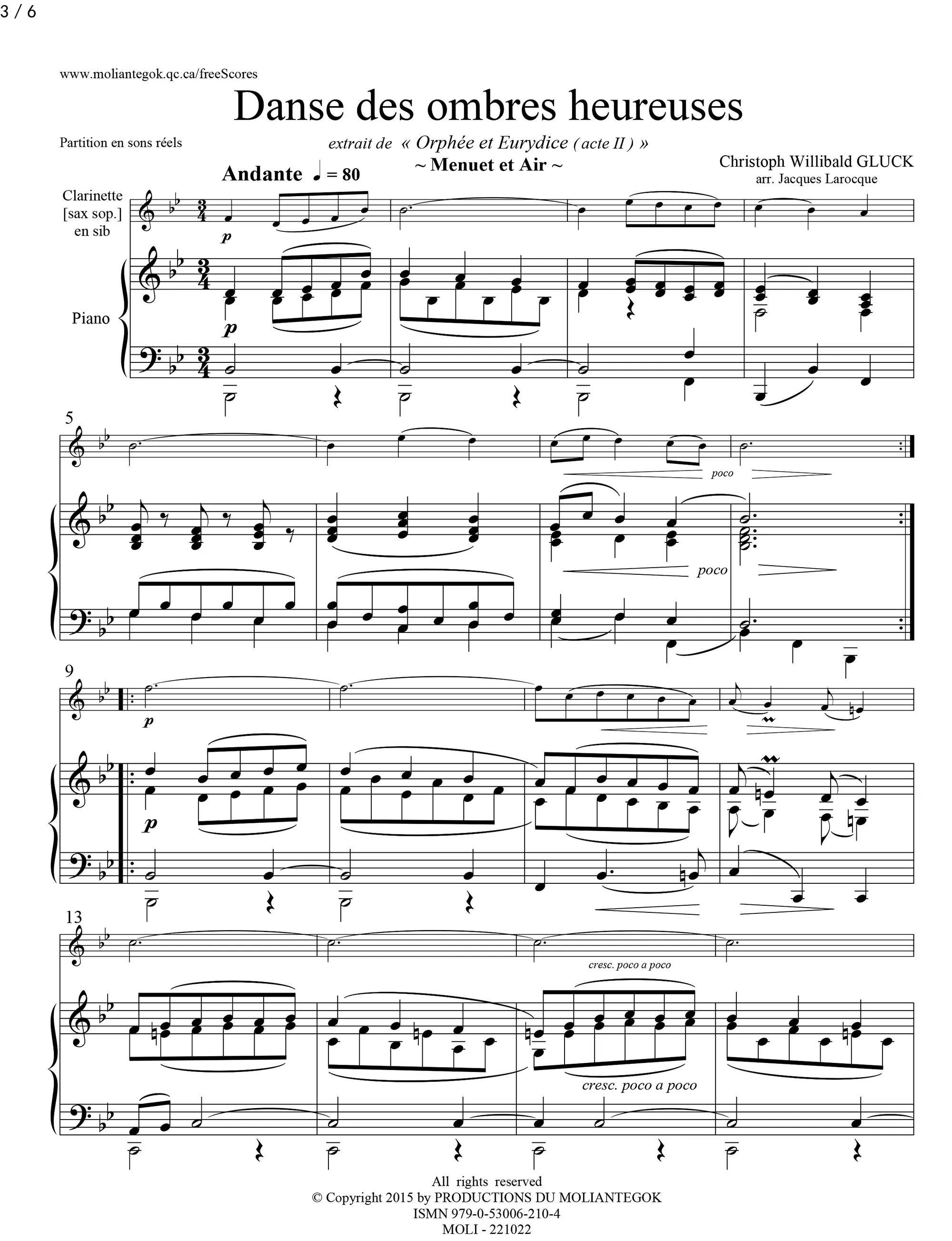 格鲁卡 精灵之舞 选自orfeo ed euridice 单簧管 钢琴 总分谱