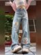 Large size design sense cartoon puppy printed jeans for women in autumn high waist slimming straight loose wide-leg pants trendy