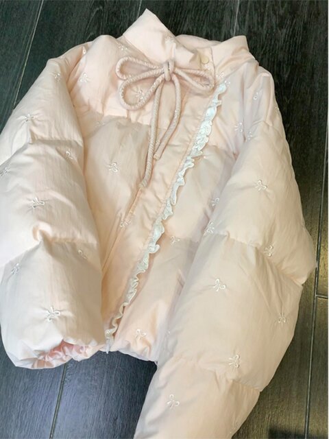 Large -size powder beep sweet bow printing cotton clothes women's winter unique super beautiful short bun jacket tide