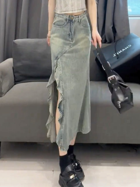 Large -size American high street irregular fishtail skirt Female summer new high waist is thin, old color A -line long skirt