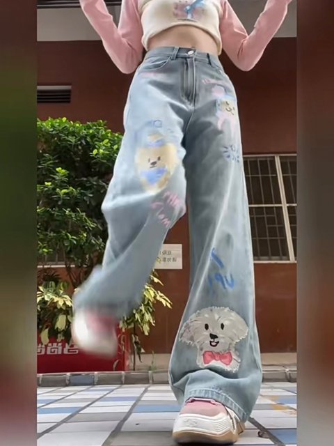 Large size design sense cartoon puppy printed jeans for women in autumn high waist slimming straight loose wide-leg pants trendy