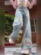Large size design sense cartoon puppy printed jeans for women in autumn high waist slimming straight loose wide-leg pants trendy