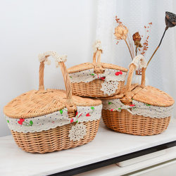 Outdoor Picnic Basket, Rattan Woven Storage Basket, Rural Style with Lid, Shopping Gift Egg Basket, Hotel Cleaning Tool Basket