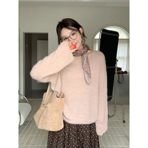
Homemade Japanese gentle style soft glutinous pink long-sleeved sweater for women with autumn sweet temperament loose round neck sweater outside