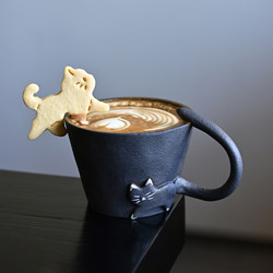 Black Cat Handle Ceramic Cup Coffee Cup Handmade Vintage Rustic Pottery Tea Cup Japanese Style Water Cup Mug