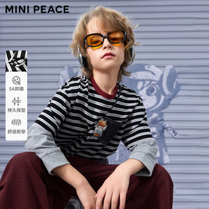 
[5A antibacterial] [Same style at counter] MINIPEACE Children's Clothing Boys Spring and Autumn Striped Long Sleeve T-Shirt Trendy