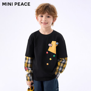 
MINIPEACE Peacebird Children's Clothing Boys Children's Long Sleeve T-shirt Fake Two-piece Plaid Top Fashionable New Style