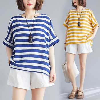 New summer large size flesh-covering suit striped two-piece set