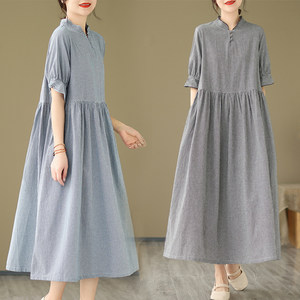 
Retro buttoned cotton and linen stand-up collar dress for women in summer short-sleeved long skirt casual belly covering her belly and making her look slim and tall waist big hem skirt