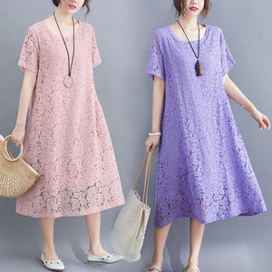 Fat fairy large size women's clothing fat mm belly-covering summer lace skirt for women's temperament and slim A-line short-sleeved dress
