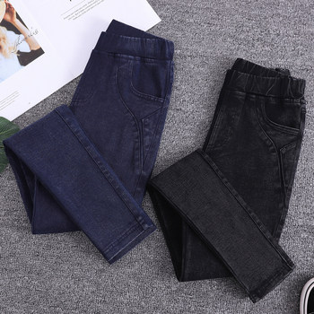 Add fertilizer and increase the size of the pants. Female wearing 2024 spring black high -waisted thin elastic imitation denim small feet trousers
