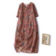 2024 summer new cotton and linen short-sleeved dress for women V-neck embroidered midi skirt retro ramie printed skirt