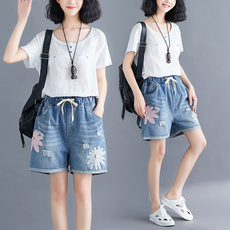 Джинсы женские 大码女装2023夏季新款文艺减龄绣花牛仔短裤女宽松百搭显瘦阔腿裤 OTHER