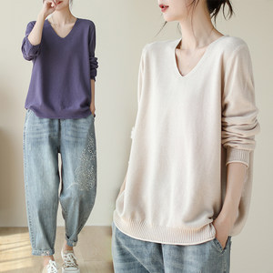 Lazy style retro solid color base sweater for women in spring and autumn long sleeves large size literary versatile V-neck loose sweater trendy
