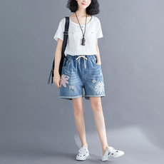 Джинсы женские 大码女装2023夏季新款文艺减龄绣花牛仔短裤女宽松百搭显瘦阔腿裤 OTHER