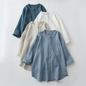 
Large size loose Japanese cotton and linen shirt for women summer 2026 new solid color versatile casual round neck three-quarter sleeve shirt
