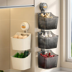 Kitchen Wall-Mounted Suction Cup Storage Basket for Onions, Ginger, and Garlic, No-Drill Garlic and Ginger Hanging Basket, Spice Storage Rack