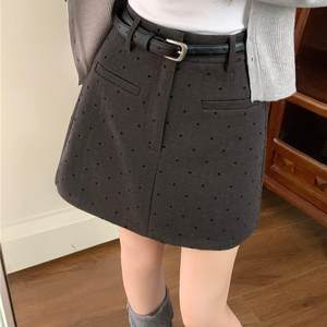 
Gray polka dot woolen skirt autumn and winter pear-shaped figure slimming short skirt large size high waist a-line skirt women's hip skirt