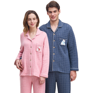 
Little nurse pajamas men and women winter pure cotton air layer thickened warm cardigan large size plaid home clothing set