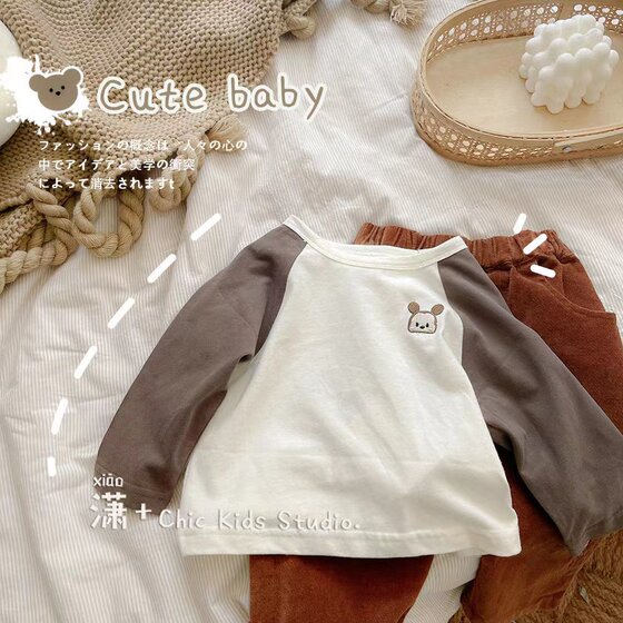 
2023 baby autumn clothing children's contrasting spring and autumn long-sleeved T-shirts for boys and girls thin embroidered cartoon bottoming shirt new style