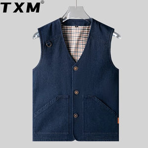 
Denim vest for men in spring and autumn thin middle-aged and elderly vest pure cotton washing horse clip men plus large size vest jacket