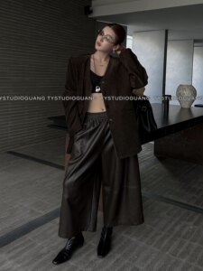 
High-end black casual straight-leg PU leather pants high-waist slim casual wide-leg pants nine-point pants for women in autumn and winter