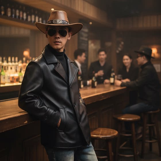 
First layer cowhide navy 740 men's genuine leather coat with classic lapel, comfortable and warm, mid-length, simple and trendy