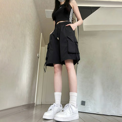 Navy Blue Large Pocket Cargo Shorts for Women, New Summer Style, Loose Fit, Slimming, Straight-Leg Mid-Length Pants, Casual Sports Shorts