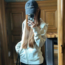 White and Gray Hooded Sweatshirt Jacket for Women, 2026 Autumn New Style, Petite Korean Version, American Style, Slim Fit, Long-Sleeved Zip-Up Cardigan