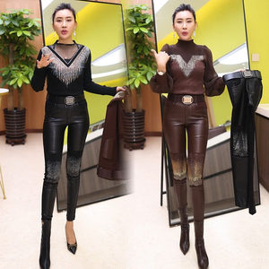 Net red leather pants 21 autumn and winter new temperament goddess Fan tight -fitting diamond stitching pencil pants wild fashion small pants
