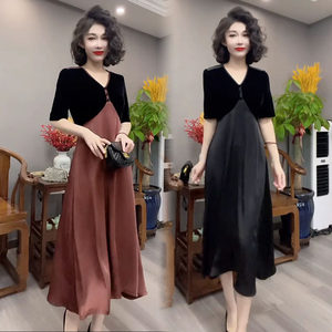 Internet celebrity high -end dress female 2024 summer new temperament velvet stitching high waist and thin long long A -line skirt
