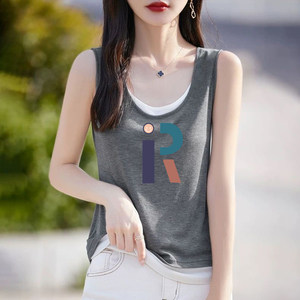 
Clearance leak ~ Fake two-piece contrasting color sleeveless pure cotton vest for women to wear as an outer layer with letter print inside and a base layer top
