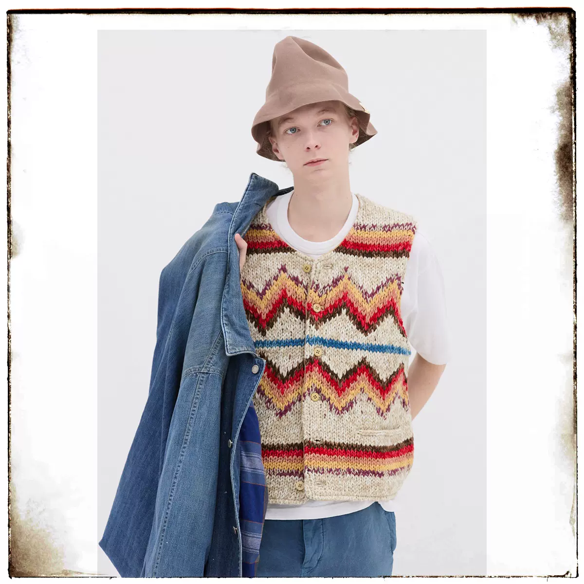 代购VISVIM 25AW HAND KNIT VEST (N.D.)两面穿马甲针织真皮天然