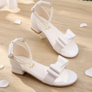 
Girls Summer New Pearl Bow Sandals Girls Strap Thick Heel White Fashion High Heel Performance Shoes