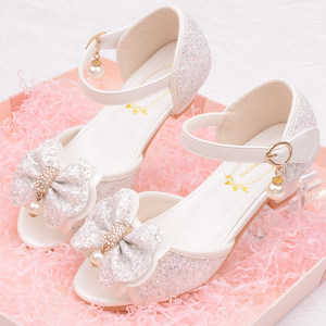 
Princess shoes girls small high heel sandals rhinestone fish mouth leather shoes silver white purple model piano performance children's dress shoes