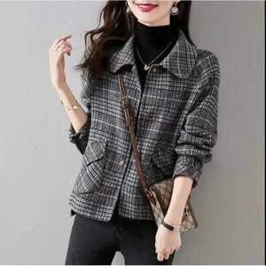 
Small plaid Korean version versatile coat small thick floral fragrance top 2024 short women's woolen spring and autumn high-end