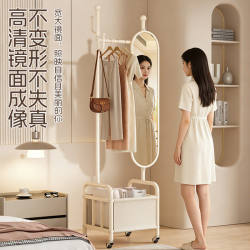 Clothes Rack with Mirror, Floor-Standing Bedroom Clothes Rack, Mobile Storage Rack with Wheels, Household Floor-Standing Clothes Drying Rack, Clothes Hanging Rod