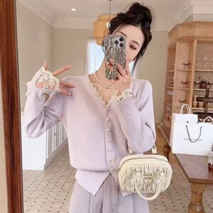 
Lace-trimmed V-neck knitted cardigan for women in spring and autumn, new versatile ladylike bottoming sweater, slim long-sleeved top