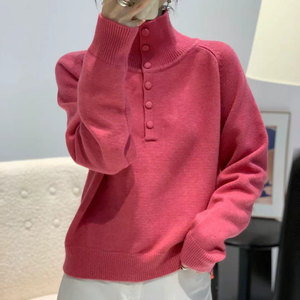 
Half turtleneck covered button loose sweater for women 2025 autumn and winter new style simple long-sleeved top loose pullover sweater
