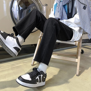 
Summer trendy black jeans for men Hong Kong style loose straight pants raw edge nine-point pants trendy high street pants for men