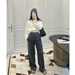 LeoMami孕妇裤秋冬季羊毛条纹直筒裤加厚保暖宽松慵懒垂感阔腿裤