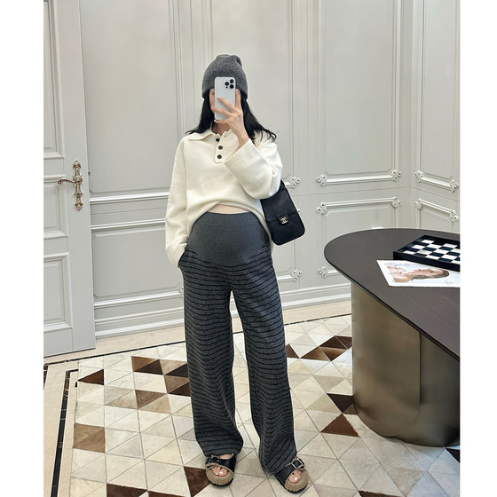 LeoMami孕妇裤秋冬季羊毛条纹直筒裤加厚保暖宽松慵懒垂感阔腿裤