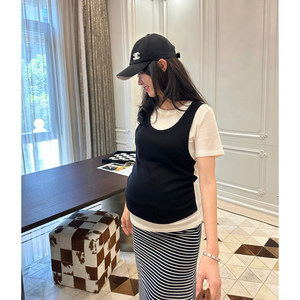 
LeoMami maternity wear summer wool lyocell short-sleeved T-shirt slim fit stitching contrasting fake two-piece top