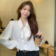 Large size women's lantern sleeve bow shirt white commuting shirt women's lace-up design professional long-sleeved top