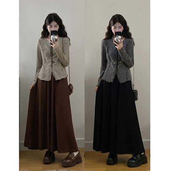 
Xiaojijia plus size women's autumn new style fat mm sweet pit knitted top mid-length skirt two-piece set