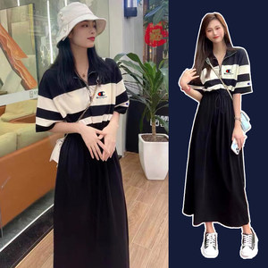 Japanese champion Polo dress female summer new color matching waist, thin casual short sleeve long high waist A -line skirt
