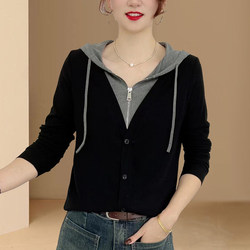 Pure Cotton European Style 2026 Spring and Autumn Slimming Fashionable Casual Hooded Half-Zip Sweatshirt Women's Fake Two-Piece Top