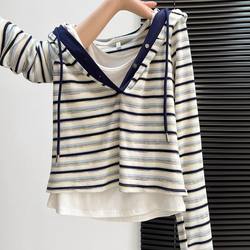 Color-Block Striped Hooded Long-Sleeve T-Shirt for Women, Autumn and Winter 2026 New Style, Stylish Base Shirt for Women, Outerwear Faux Two-Piece Top