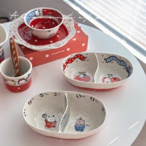 
Animal Party Cute Cartoon Ceramic Compartment Bowl Girly Heart Household Tableware High-Looking Rice Bowl Dessert Bowl