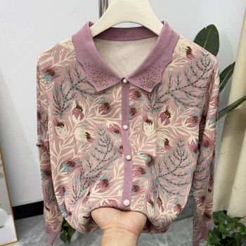 
Fashionable mother autumn lapel long-sleeved knitted T-shirt